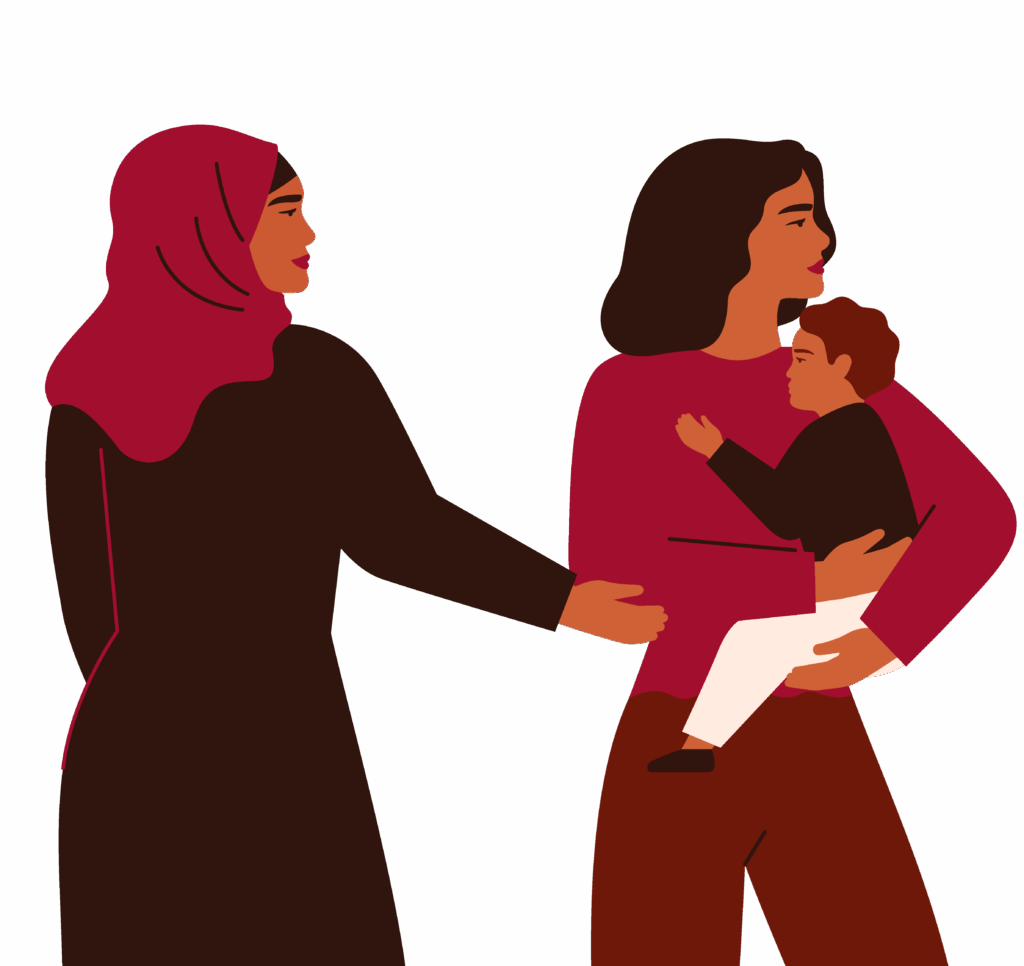 Illusration von zwei Frauen mit einem Kind