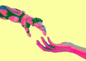 Ein KI generiertes Bild von einer menschlichen Hand und einer Hand eines Roboters, die sich fast