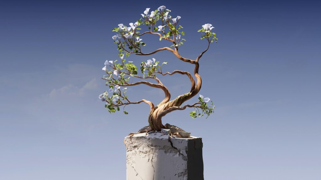 Blühender Baum, der aus einem Stein entspringt