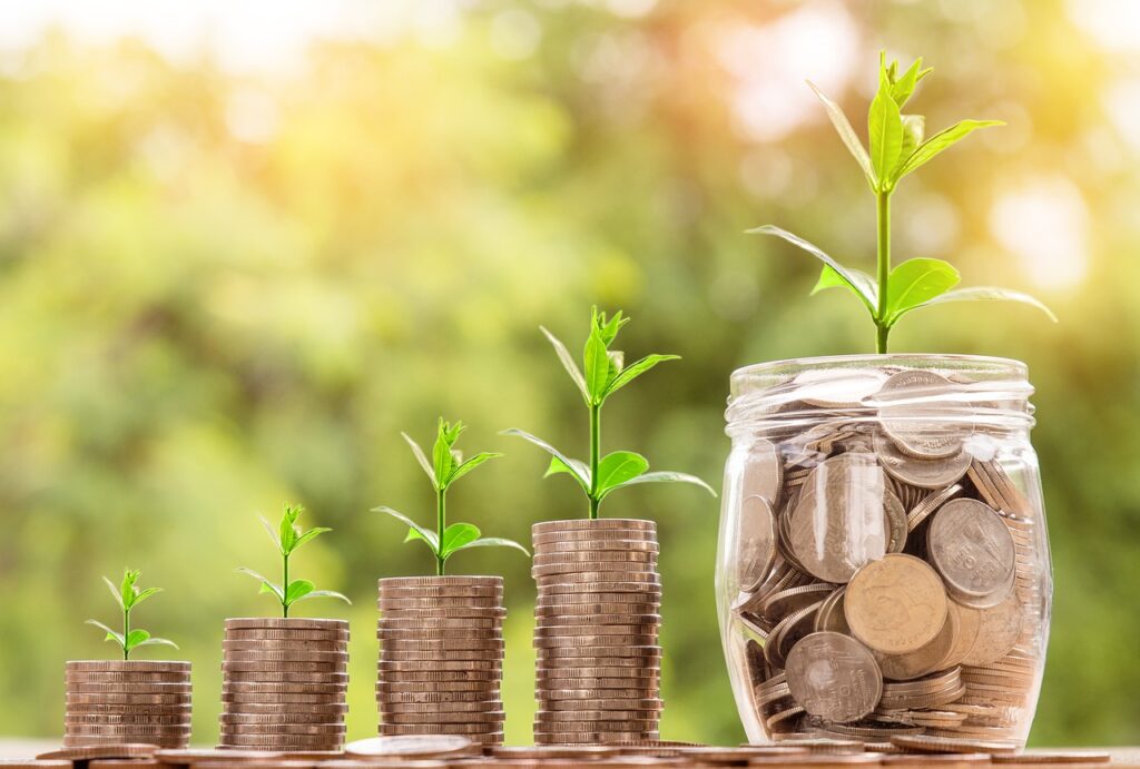 Zu sehen sind vier Stapel aus Geldmünzen, die stetig größer werden. Am Ende steht ein Glas mit Münzen. Aus dem Geld wachsen kleine Pflanzen, die auch immer größer werden.