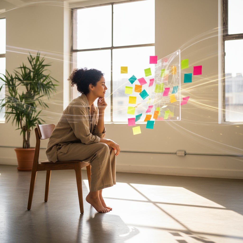 Eine Frau sitzt auf einem Stuhl. Eine Plexiglasscheibe mit bunten Post-its ist eingeblendet, als würde die Person darüber nachdenken.