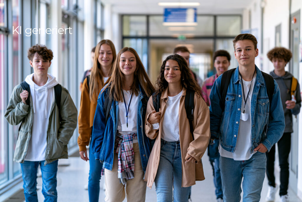 Eine Gruppe jugendlicher läuft in einem Schulgang.