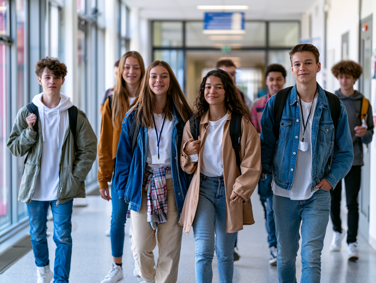Eine Gruppe jugendlicher läuft in einem Schulgang.